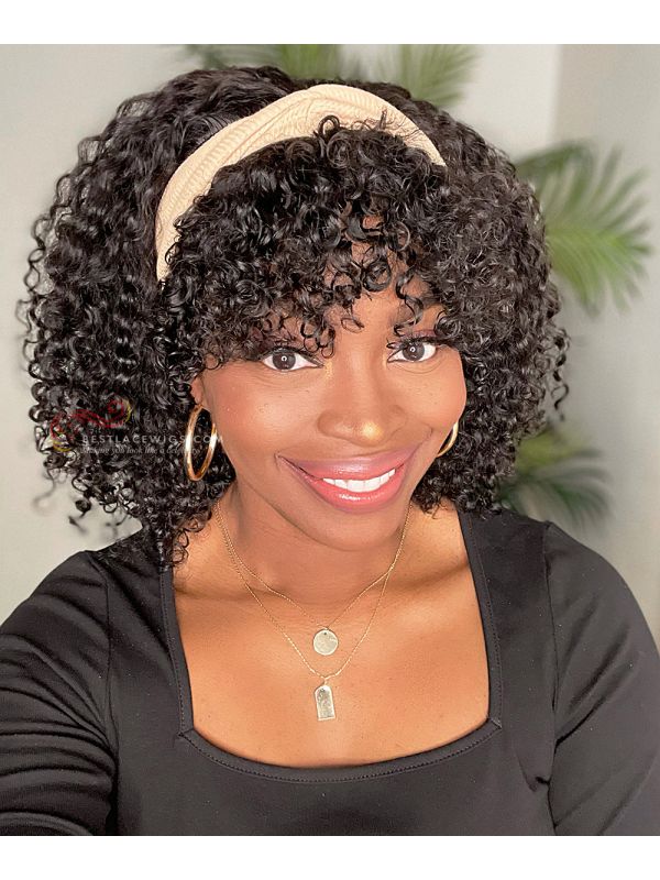 Curly Bob Style With Bangs Indian Remy Hair Headband Wigs HB019
