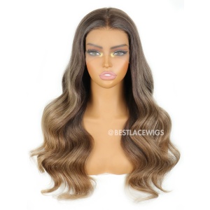 Ombre Honey Brown Highlight Balayage Wavy Brazilian Virgin Hair HD Lace Glueless Wigs [MSW07]