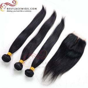 Virgin Indian Hair Weaves 3Pcs With 1Pc Lace Closure Straight Hair [MW63]