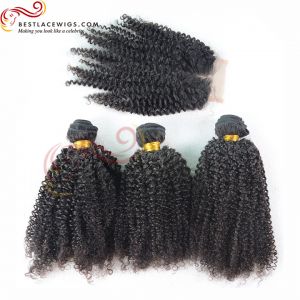 Middle Part Lace Closure With Virgin Brazilian Kinky Curl 3Pcs Hair Weaves [MW03]