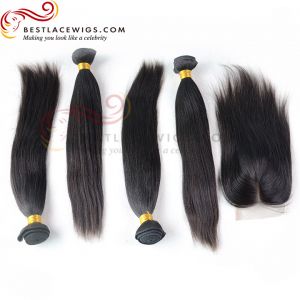 Free Part Lace Closure With Virgin Brazilian Yaki Straight 4Pcs Hair Weaves [MW14]