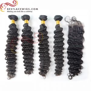 Free Part Lace Closure With Virgin Brazilian Deep Wave 4Pcs Hair Weaves [MW16]