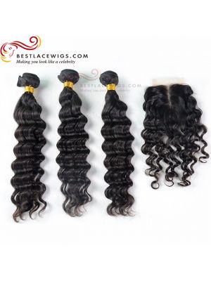 Middle Part Lace Closure With 3Pcs Virgin Brazilian Hair Weaves Loose Wave [MW07]