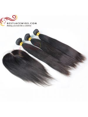 Middle Part Lace Closure With 3Pcs Yaki Virgin Brazilian Hair Weaves [MW11]