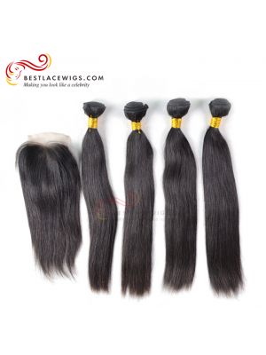 Middle Part Lace Closure With Virgin Brazilian Straight 4Pcs Hair Weaves [MW13]