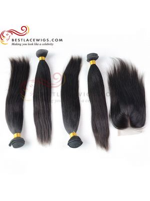 Free Part Lace Closure With Virgin Brazilian Yaki Straight 4Pcs Hair Weaves [MW14]