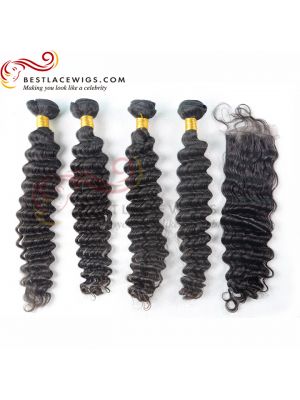 Free Part Lace Closure With Virgin Brazilian Deep Wave 4Pcs Hair Weaves [MW16]