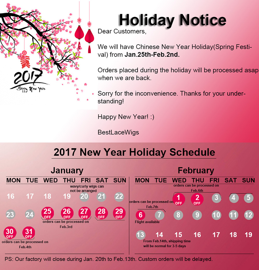 2017 New Year Holiday Schedule